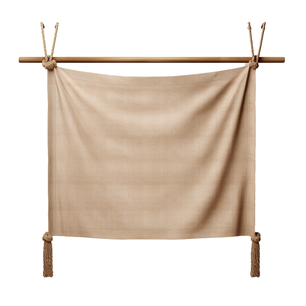 Beige fabric banner hanging on wooden rod with rope and tassels Blank template png