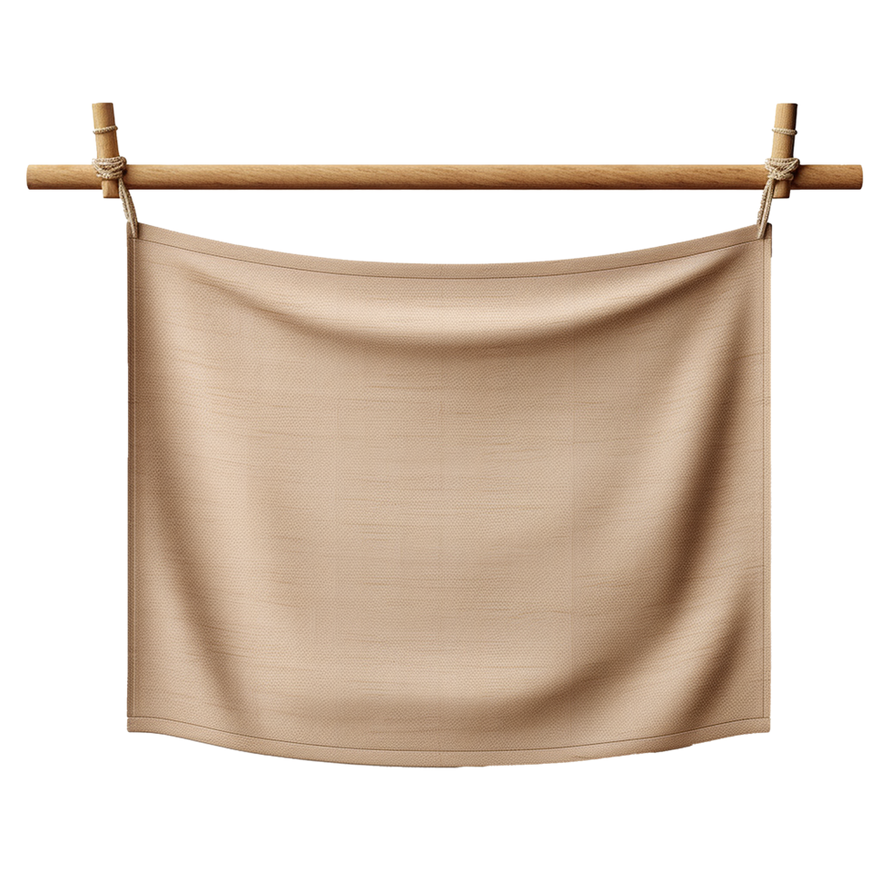 Beige fabric banner hanging on wooden rod mockup template png