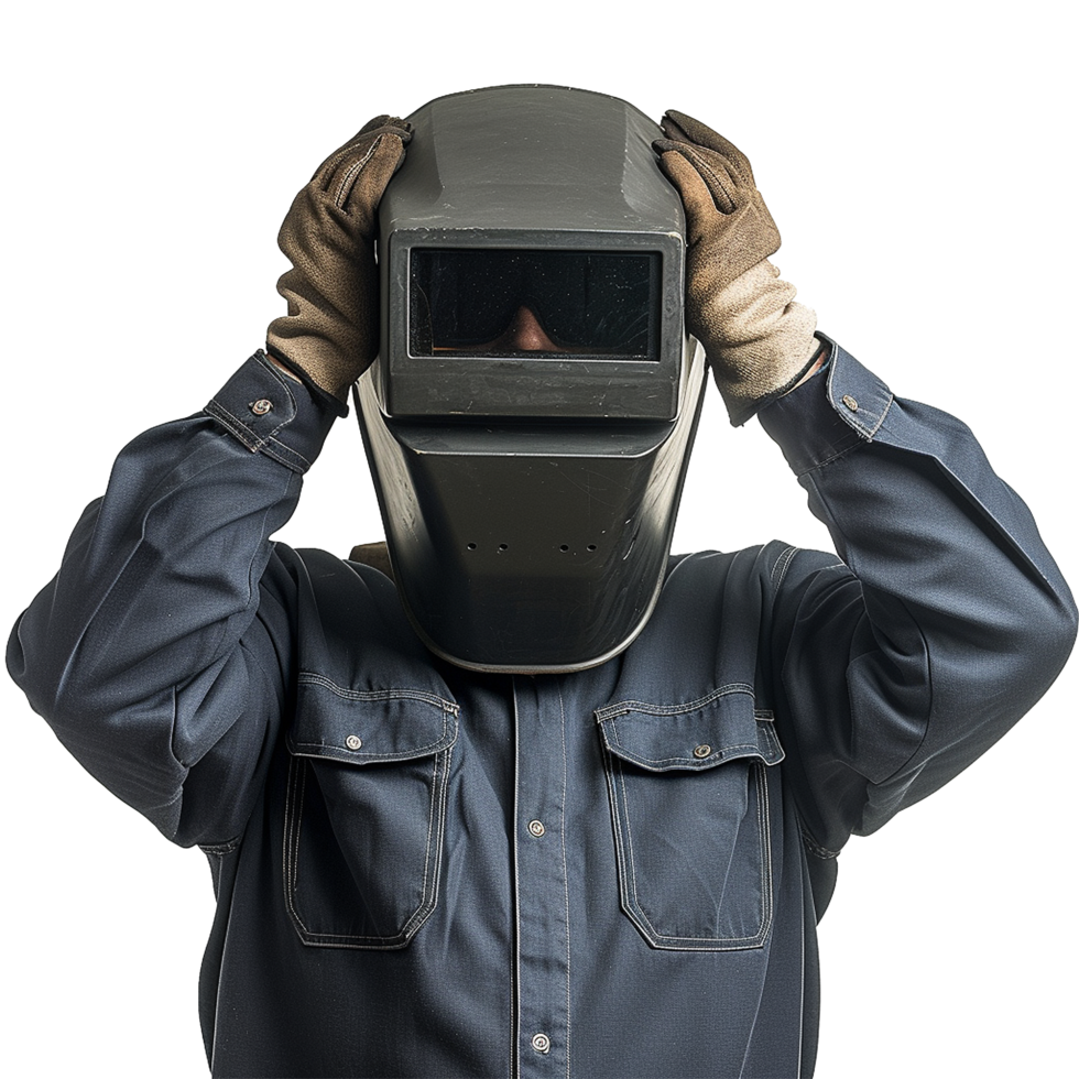Welder holding protective helmet safety equipment work uniform png