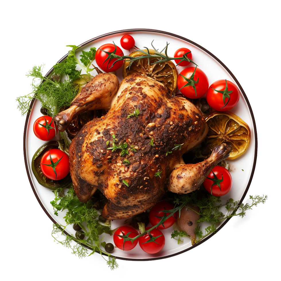 Roasted Chicken Dinner Plate Herbs Tomatoes Lemon Slices png