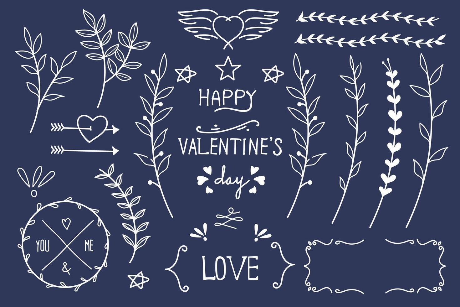 Valentine's day line art elements collection with love lettering and decorative frames on blue background vector
