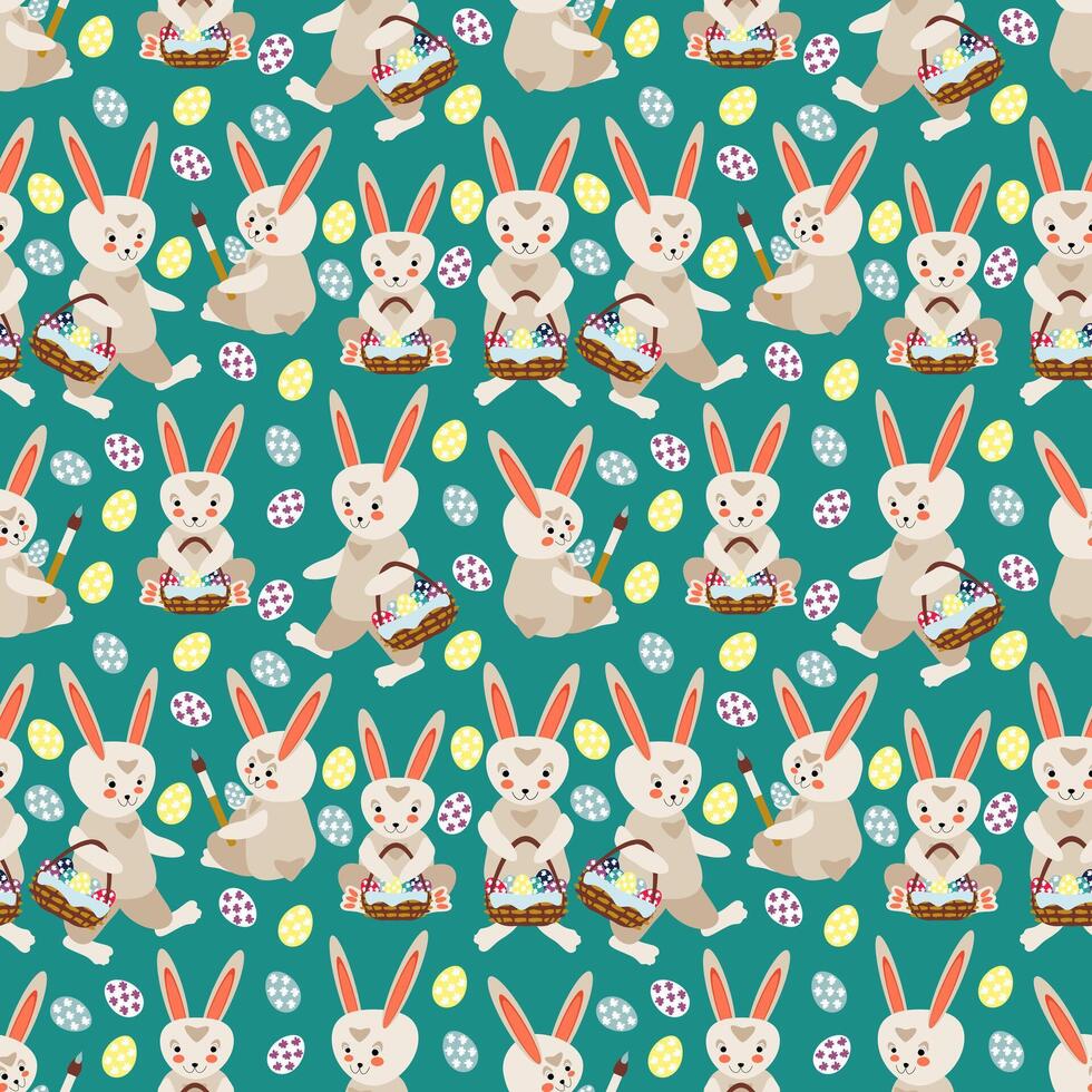 Easter bunnies with baskets of colorful eggs - seamless pattern vector