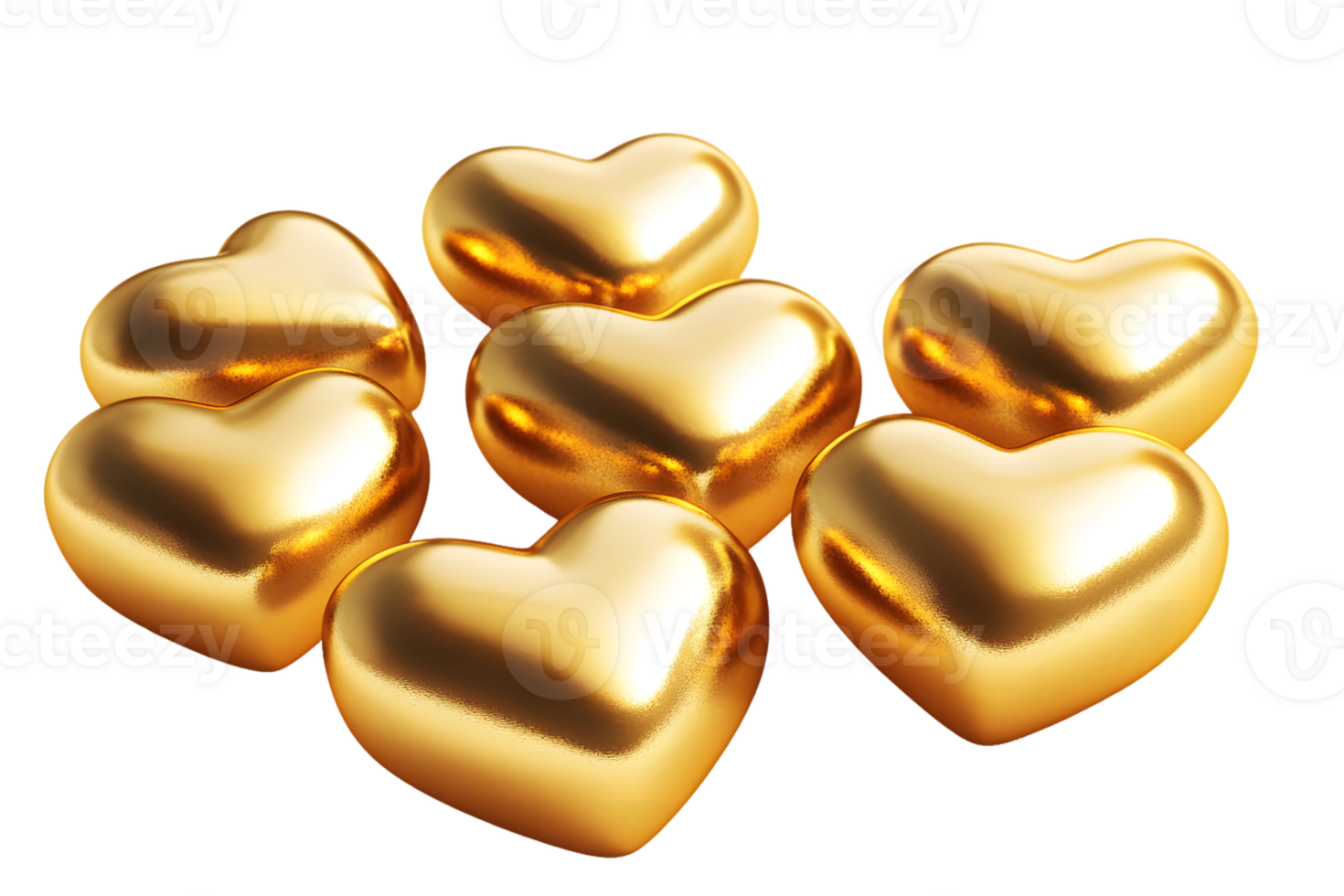 Group of Shiny Golden Hearts 3D Render png