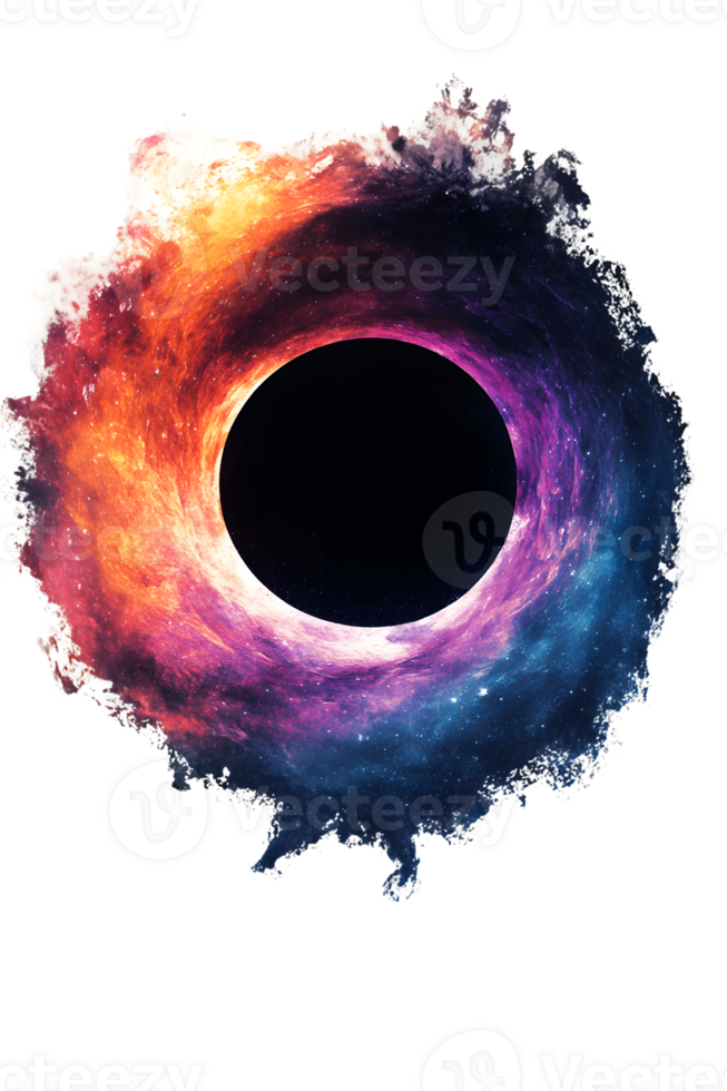 Mesmerizing cosmic swirl of vibrant colors and deep space imagery surrounding a central black void reflecting limitless possibilities in the universe. png