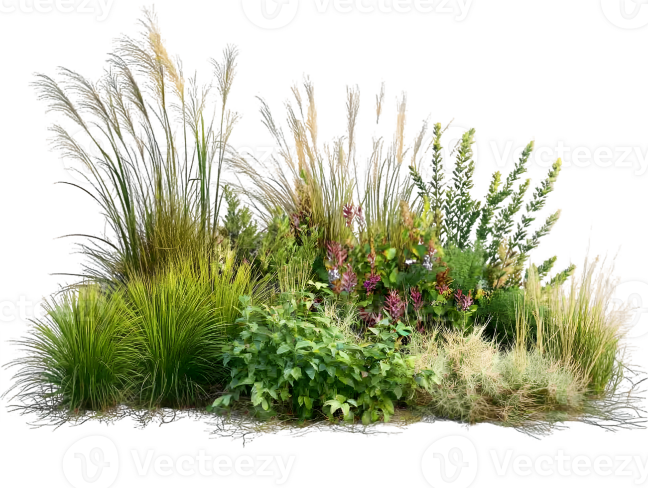 Lush Garden with Ornamental Grasses and Blooming Flowers png