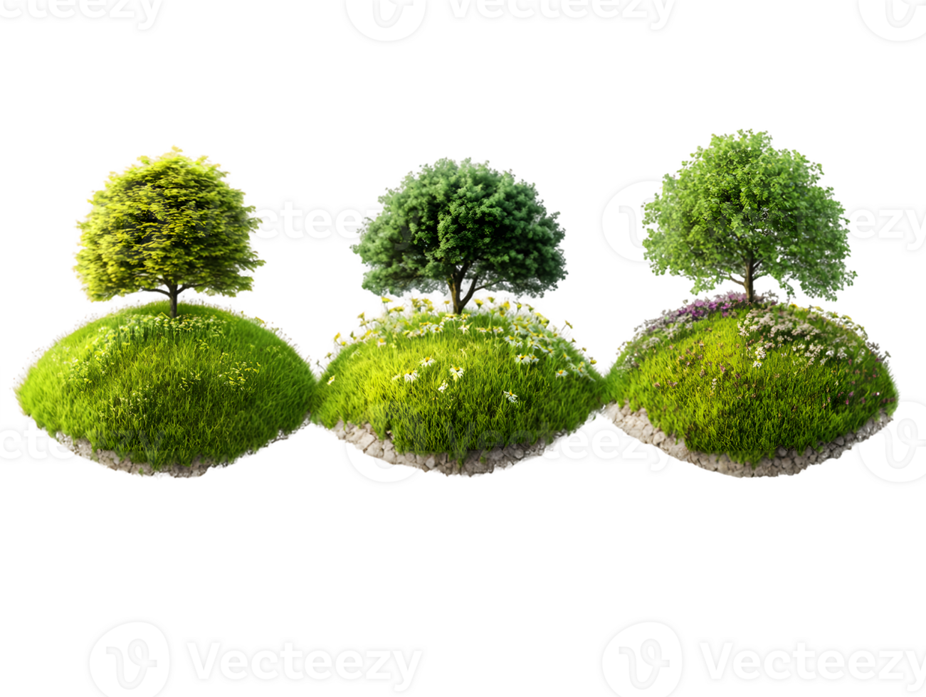 Three vibrant trees illustrating the cycle of seasons on lush green hills png