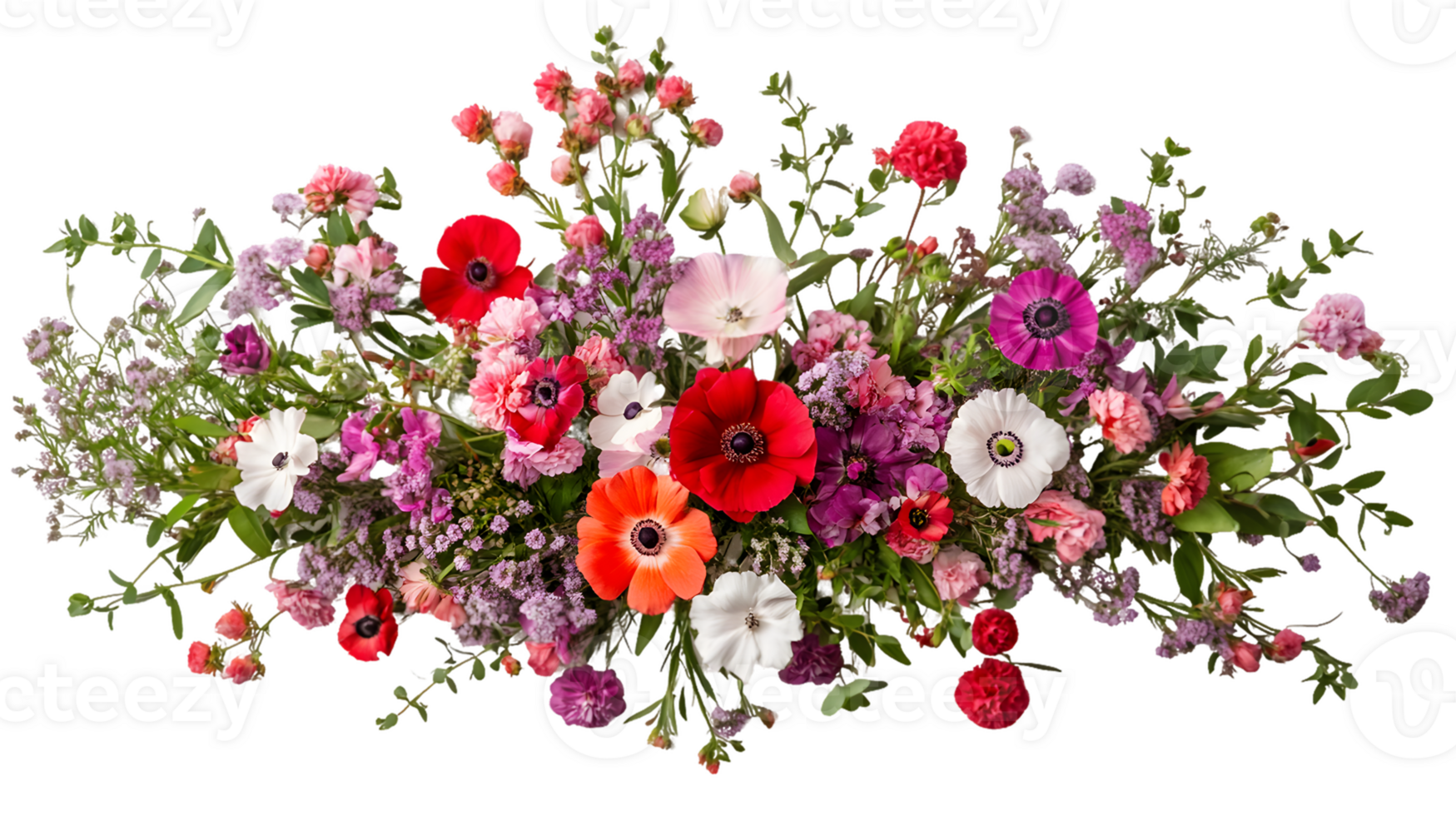 Vibrant Floral Arrangement with Anemones, Poppies and Carnations png