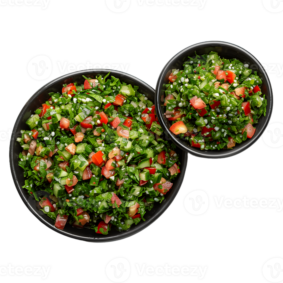 Vibrant Tabbouleh Salad in Dark Bowls, Overhead View png