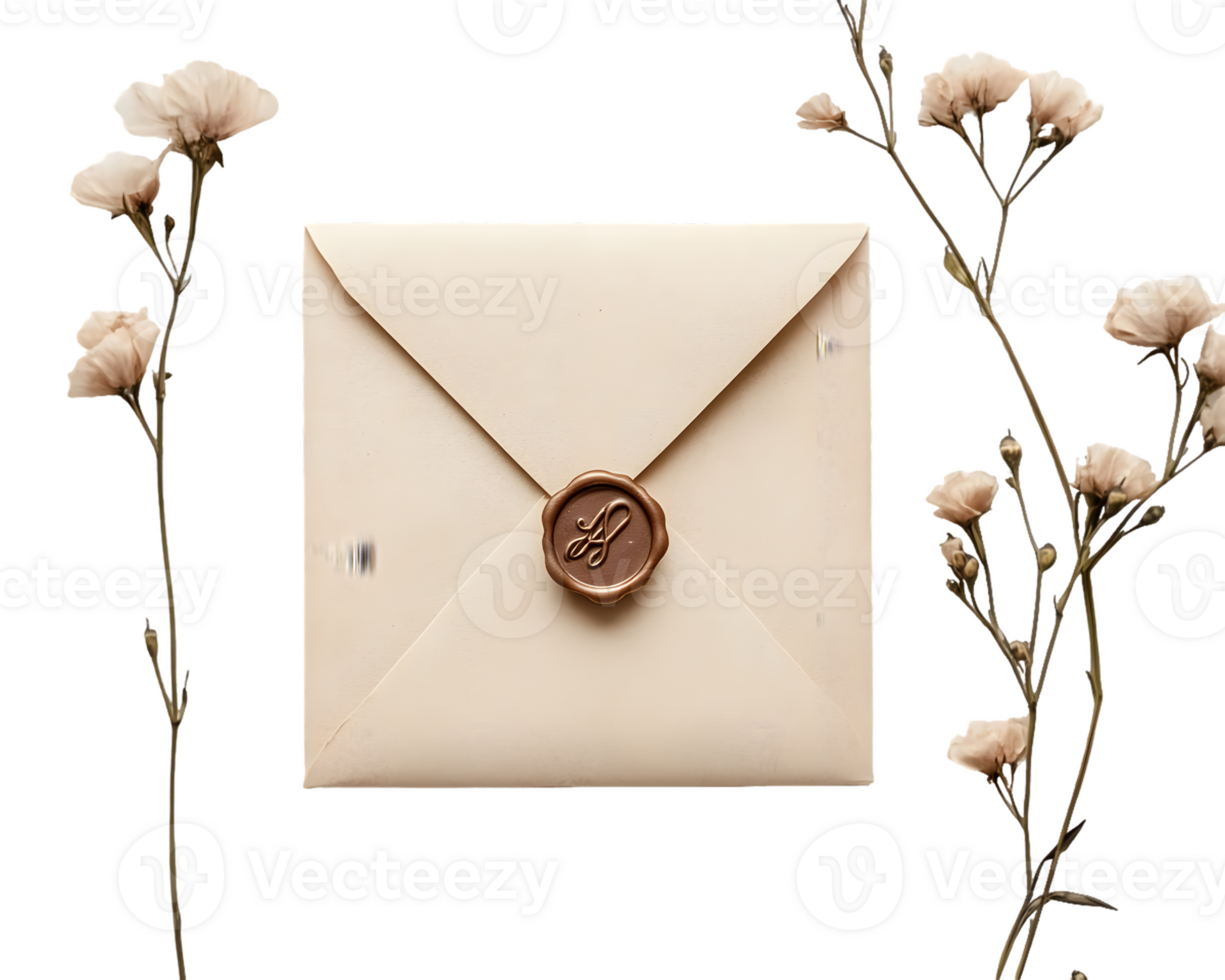 Elegant Cream Envelope with Wax Seal and Delicate Flowers png