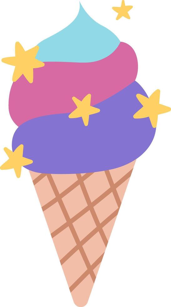 rainbow colored ice-cream cone with unicorn stars. Fairytale themed birthday or summer dessert. Cute magic candy bar design element. Sweet ice icon vector