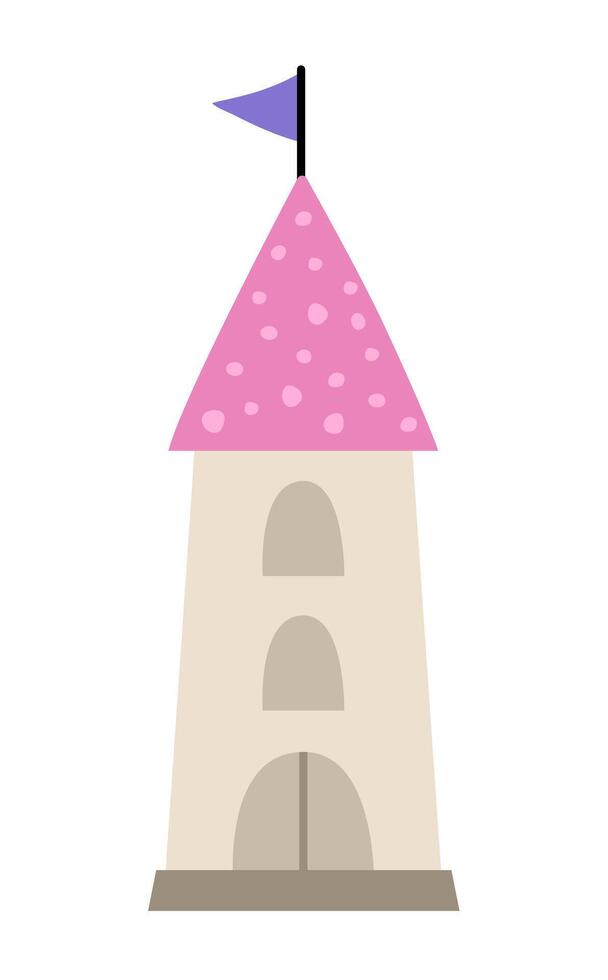 cartoon tower. Fantasy world castle part icon with pink roof and flag. Fairy tale princess house illustration isolated on white background vector