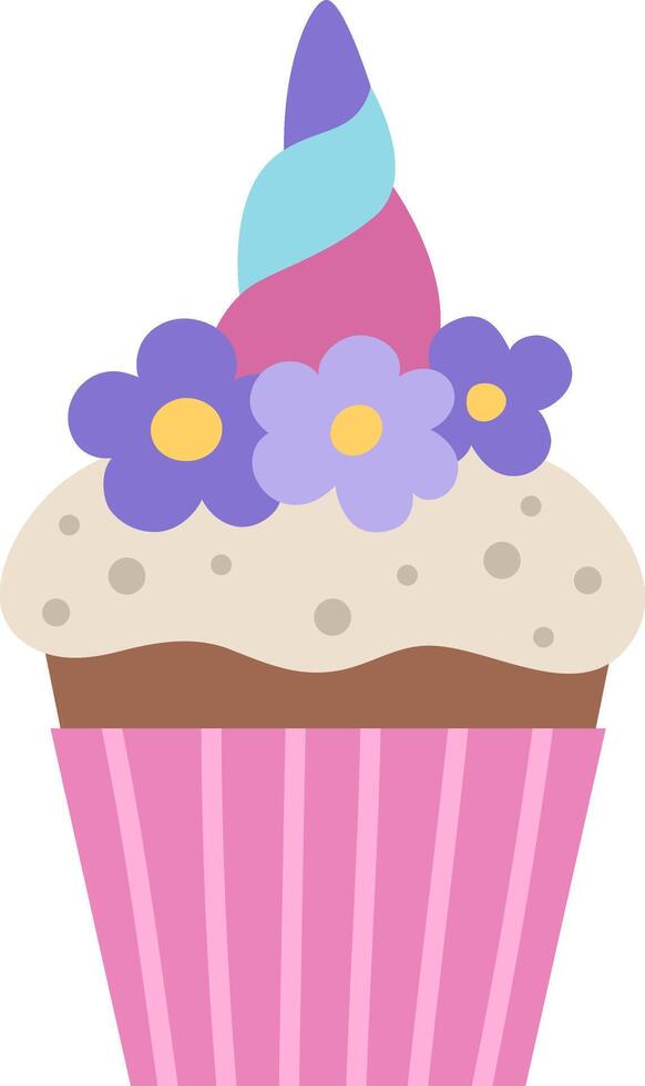 rainbow colored cup cake with unicorn horn and flowers. Fairytale themed birthday dessert. Cute magic candy bar design element. Sweet cupcake icon vector