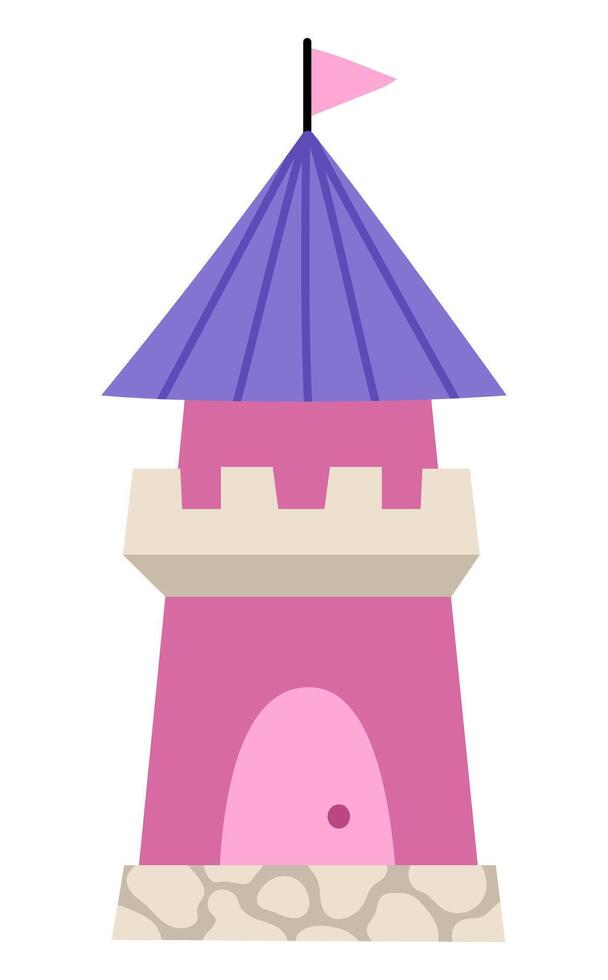 cartoon tower. Fantasy world castle part icon with purple roof and flag. Fairy tale princess house illustration isolated on white background vector