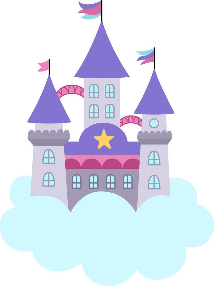unicorn castle on cloud. Fantasy world palace icon with towers, flags, purple roofs. Fairy tale princess house illustration isolated on white background vector