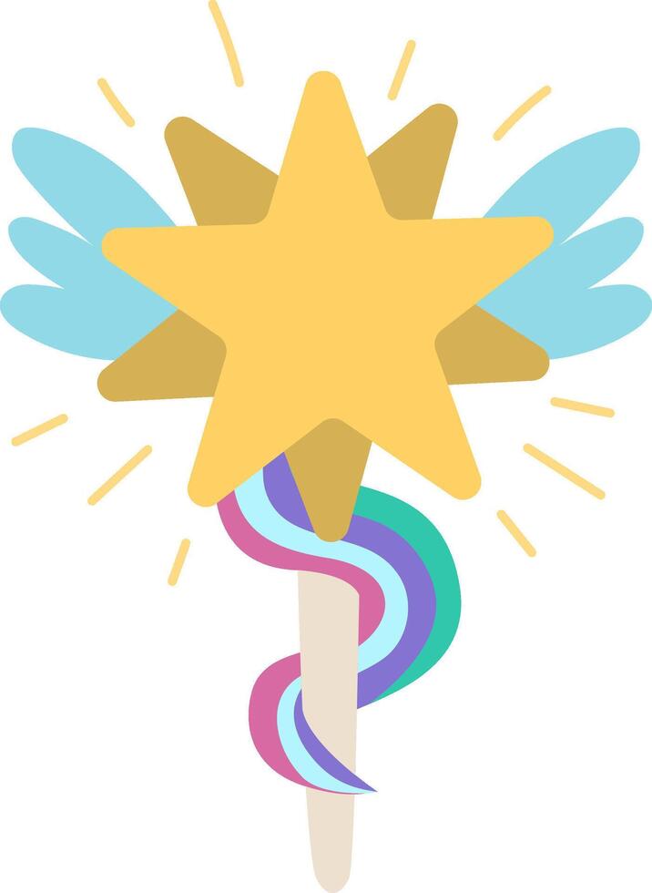 unicorn or fairy magic wand with stars, wings, rainbow band. Cute fantasy world element. Wizard stick icon. Fairytale decoration for cards isolated on white background vector