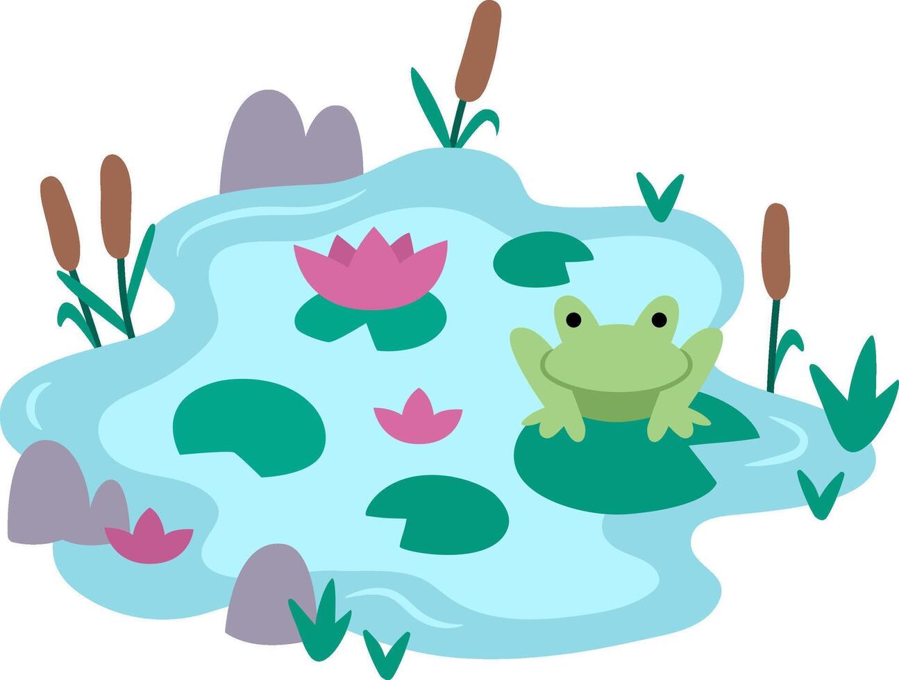 pond landscape. Environment friendly concept with marsh, frog, reeds. Ecological or outdoor camping illustration. Cute nature scene vector