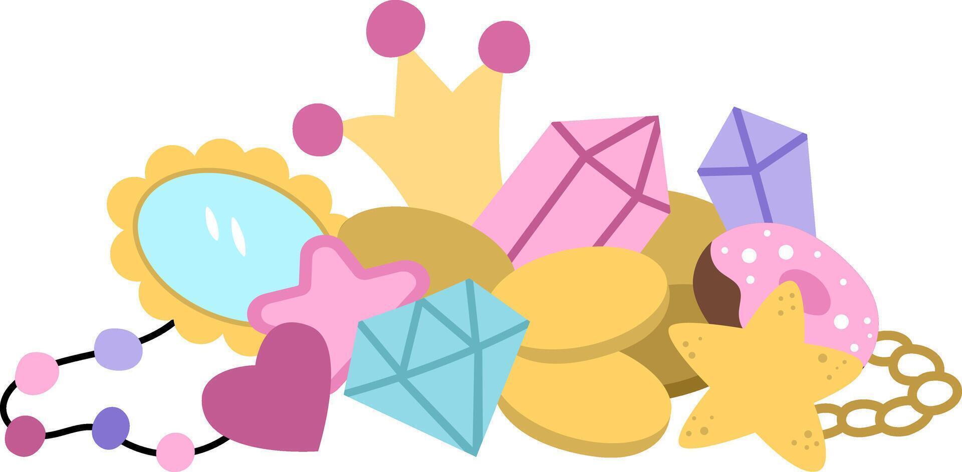 unicorn treasures concept. Pile with cute stars, diamonds, mirror, beads, golden coins, crown, donut. Magic or fairytale decoration for cards isolated on white background vector