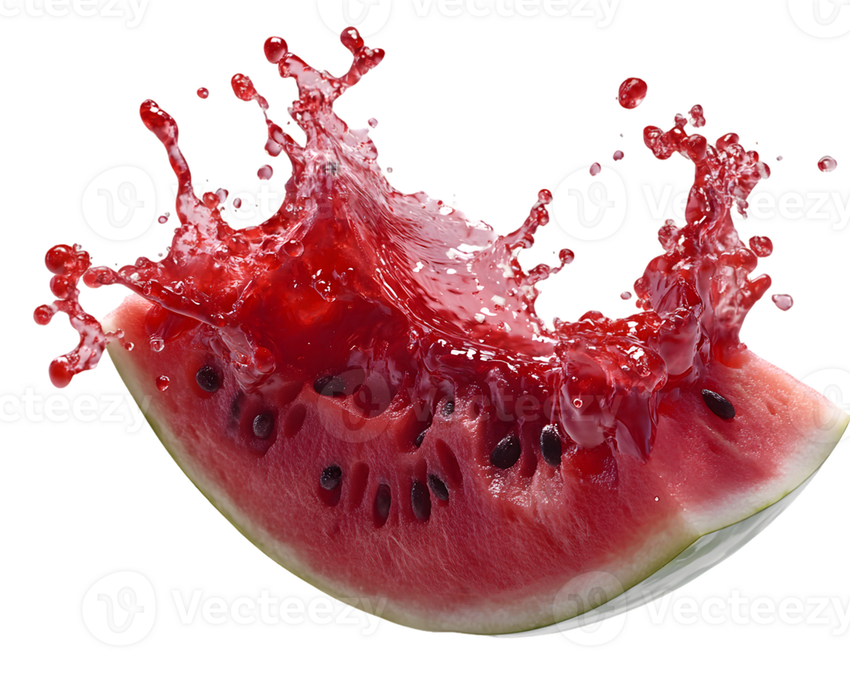 Dynamic Watermelon Splash A vibrant image of a juicy watermelon slice with red flesh and black seeds, suspended in mid-air, surrounded by a dynamic splash of its own juice. png