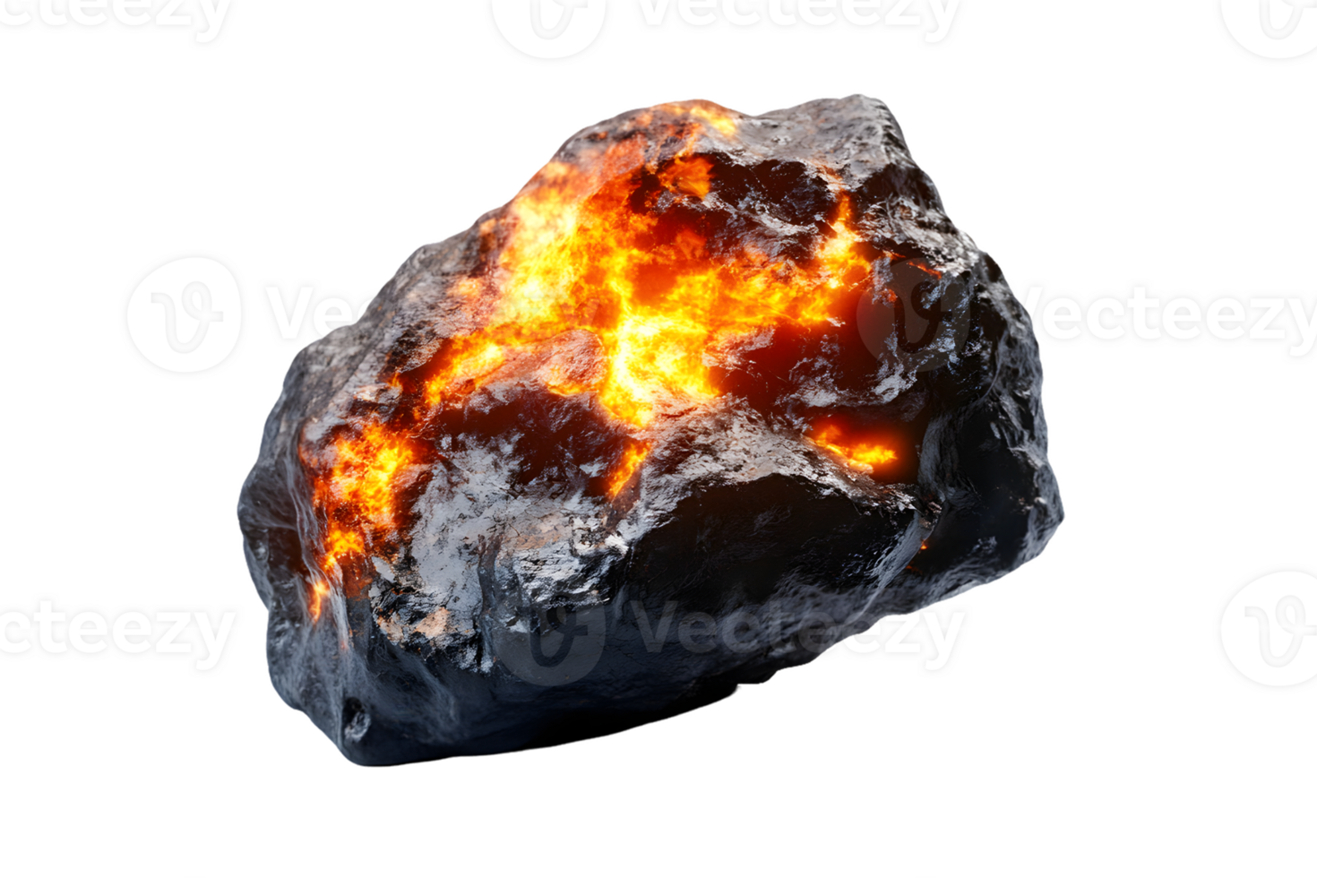 Glowing fissures in dark gray rock, intense heat, cosmic element, 3d render png