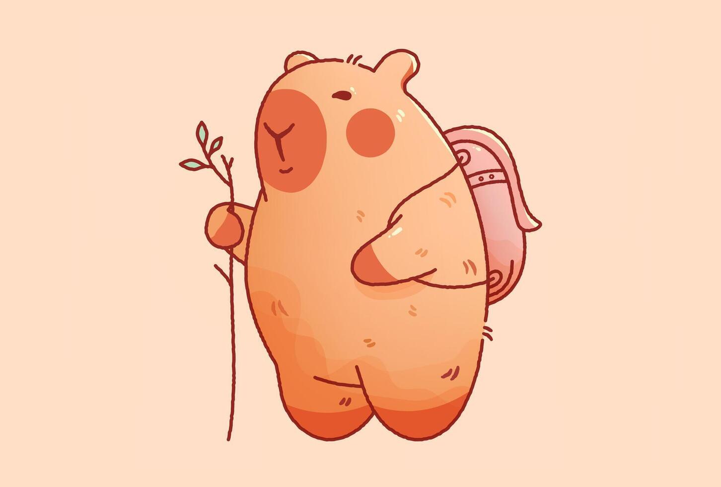 Kawaii cutie capybara traveler with stick and backpack. vector