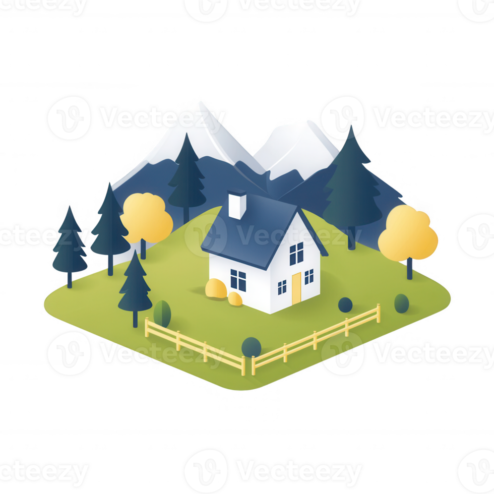 A cozy house nestled among mountains and trees, ideal for peaceful living. png