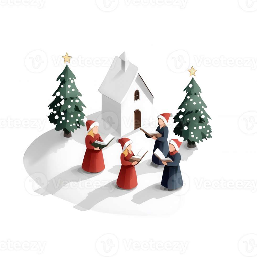 A festive gathering of carolers singing near a charming holiday cottage. png