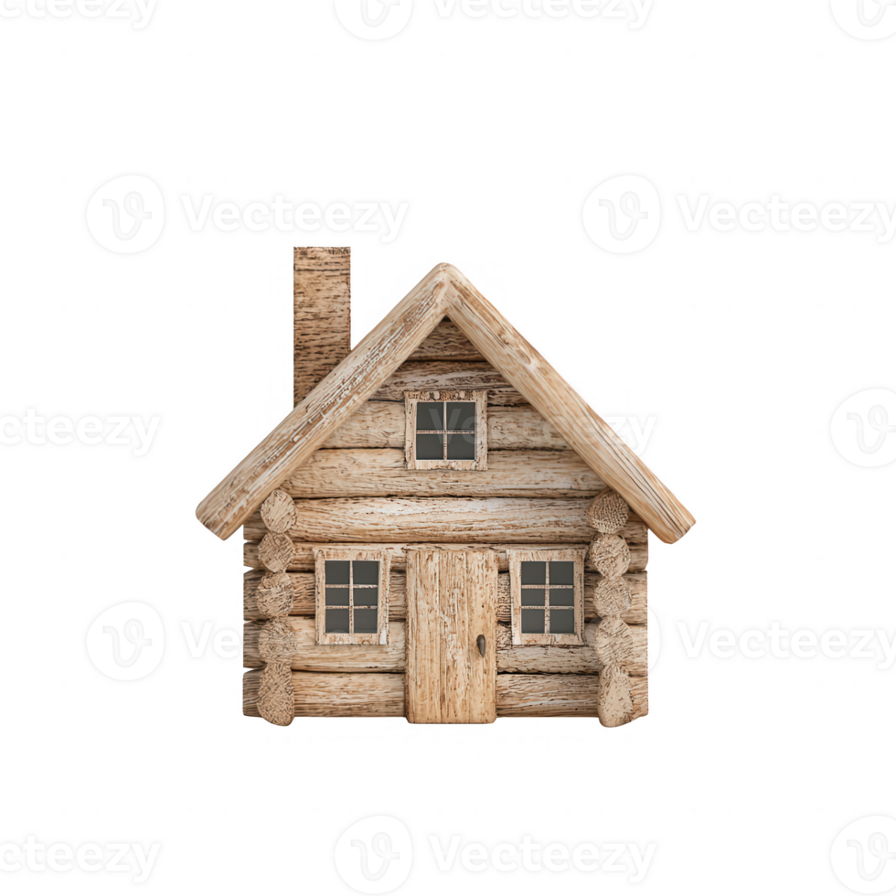 A charming wooden log cabin with a chimney and rustic windows. png
