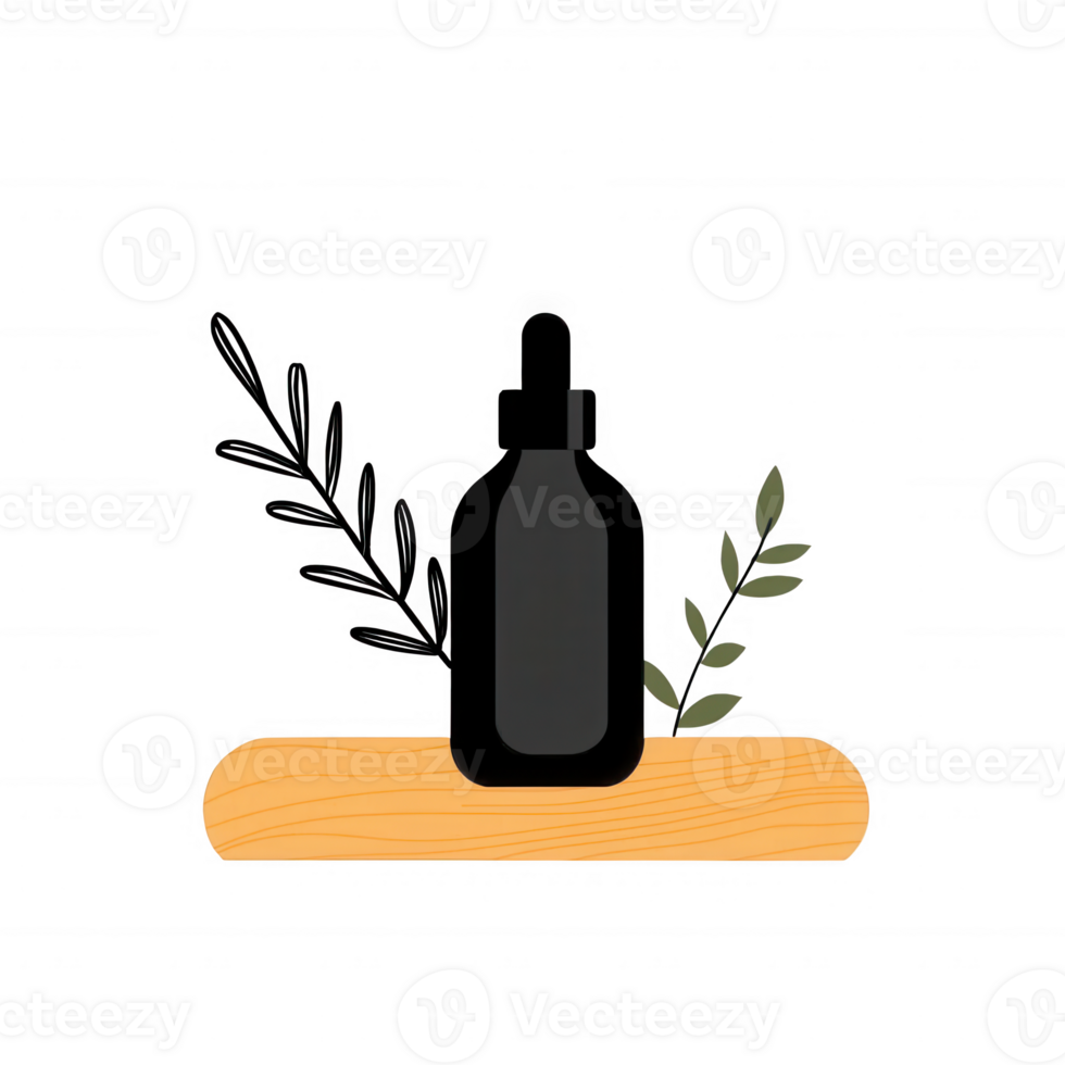 A dark glass bottle with a dropper sits on wood, surrounded by herbs, depicting natural wellness. png