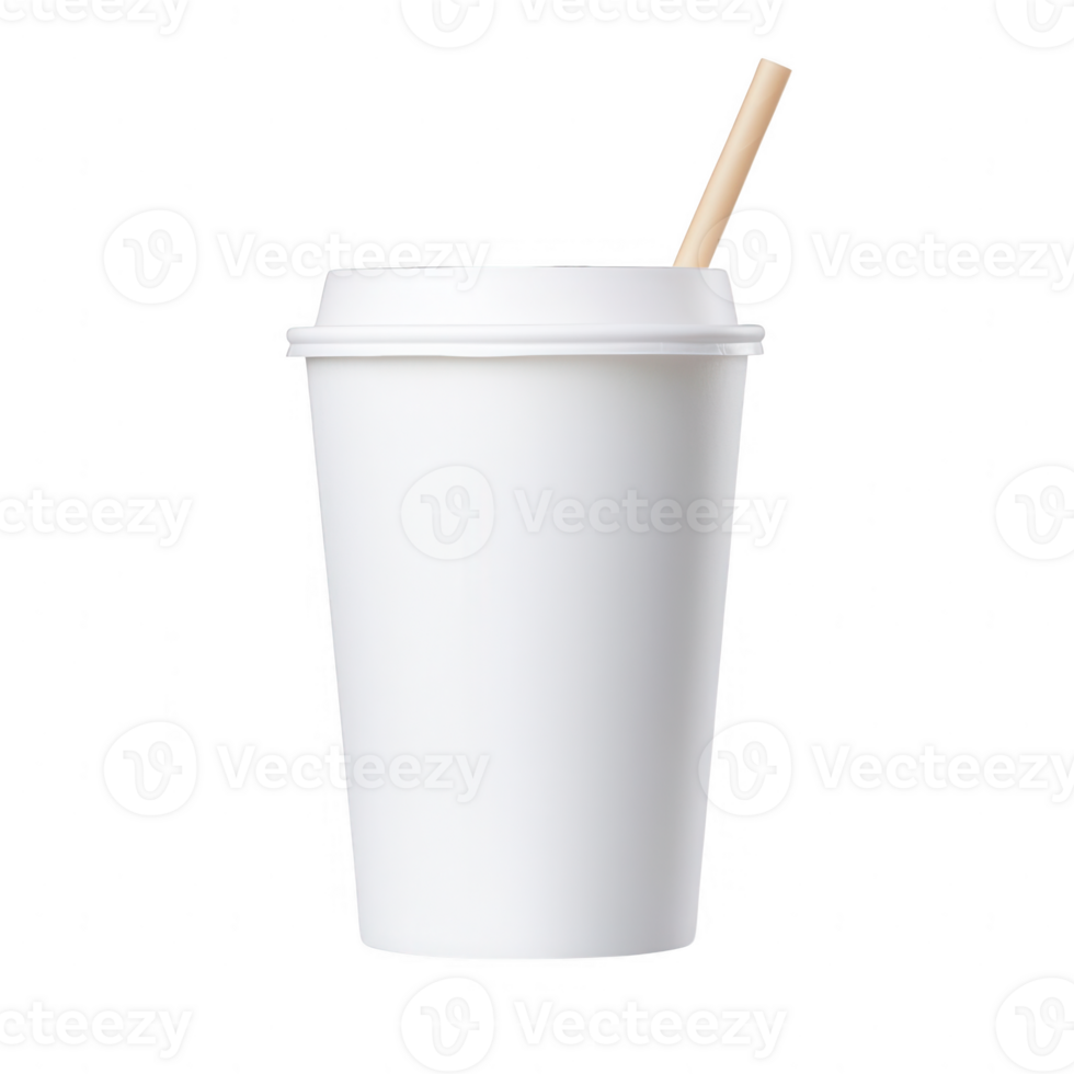A clean, white disposable cup featuring a straw for various beverage options. png