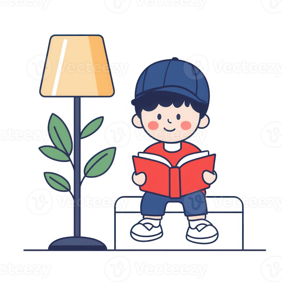 A cheerful boy reading a book while sitting beside a lamp and plant. png