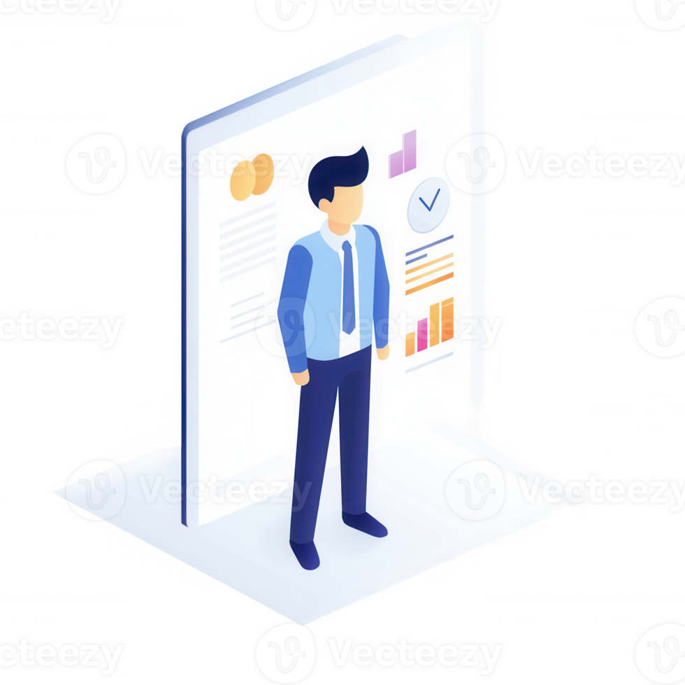 A businessman analyzing data and charts on a digital screen for strategic decisions. png