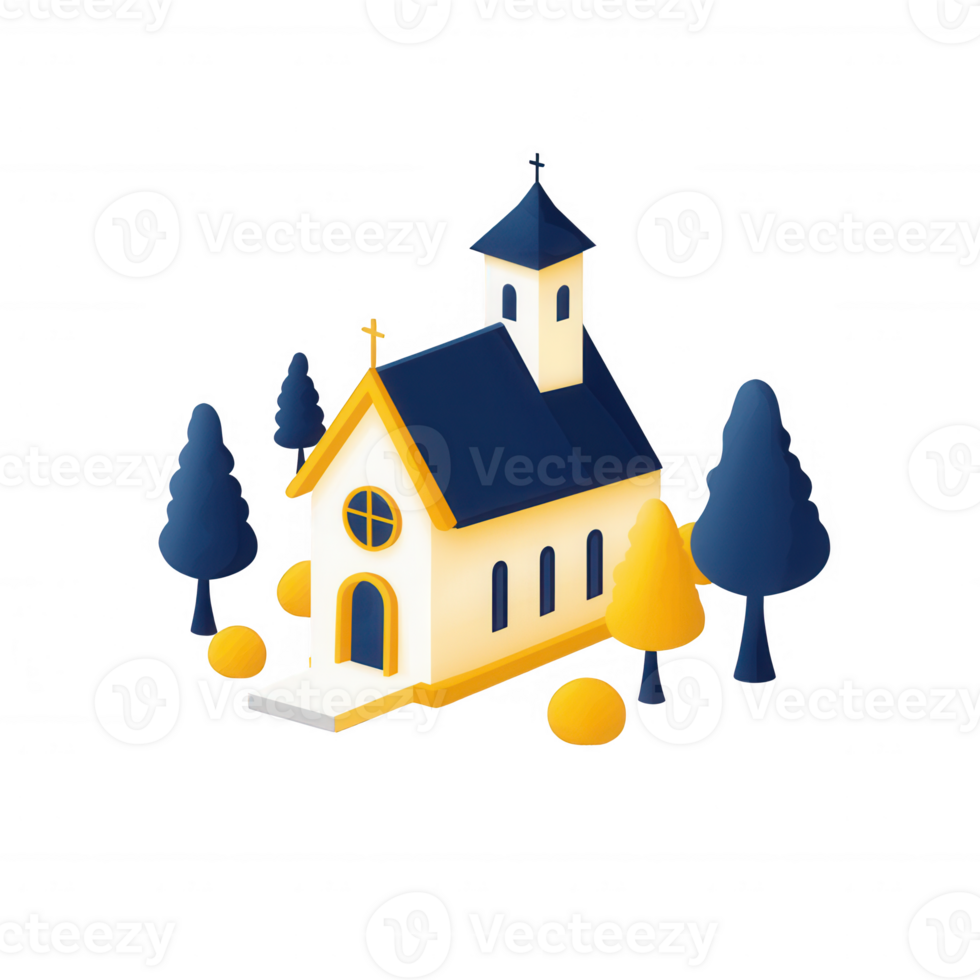 A charming church surrounded by colorful trees, blending nature and architecture. png
