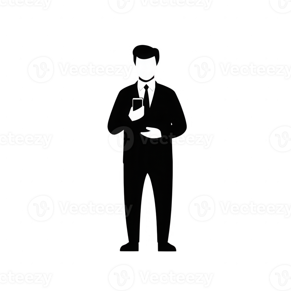 A businessman in a suit holding a phone, representing modern communication. png