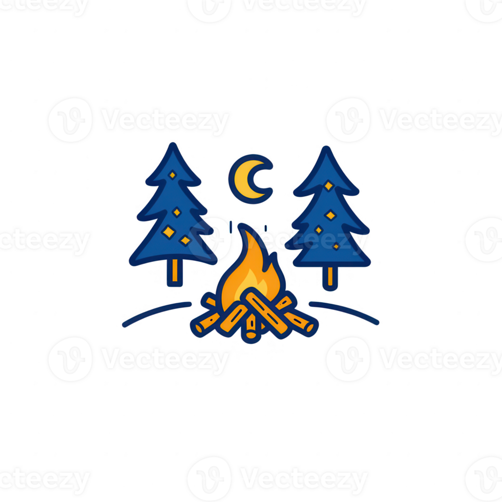 A cozy campfire scene at night, surrounded by serene trees and a glowing moon. png