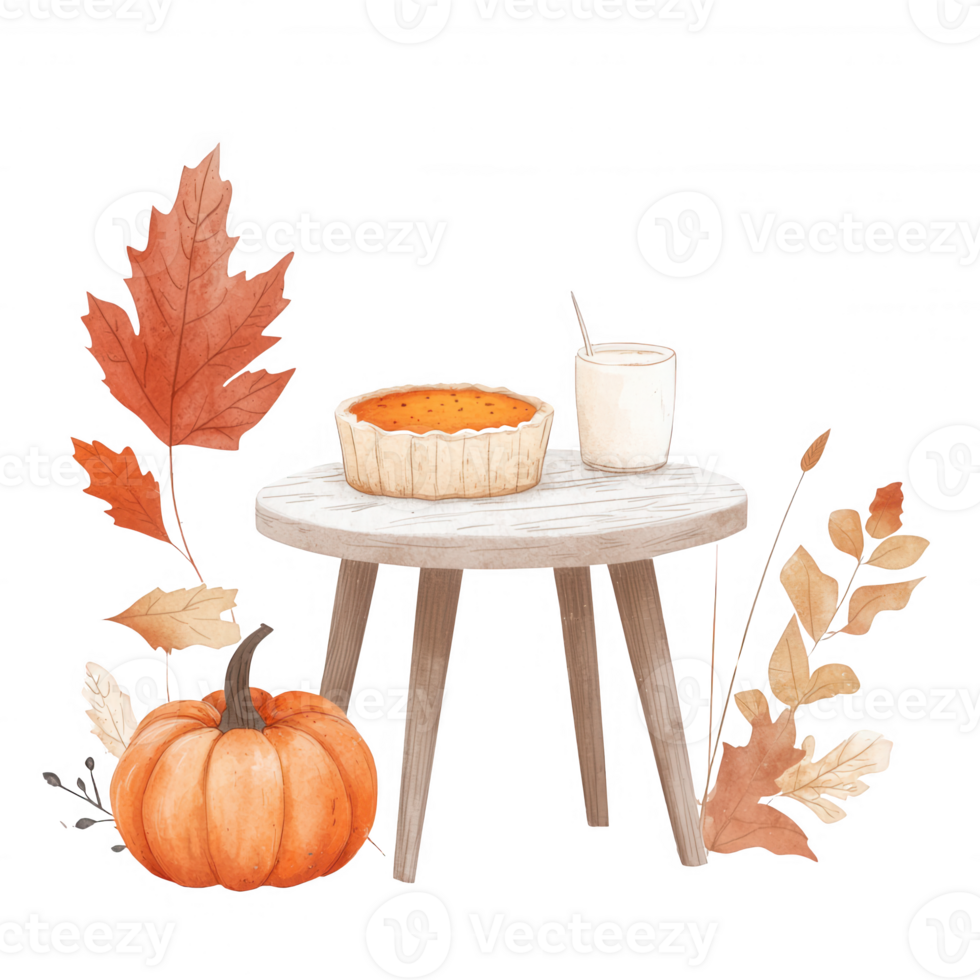 A cozy autumn scene with a pumpkin, pie, and warm drink on a rustic table. png