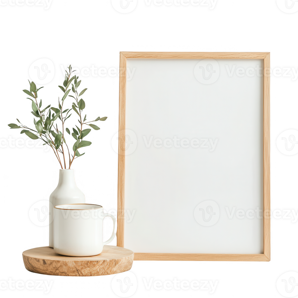 A minimalistic setting featuring a plant, mug, and empty frame for creative inspiration. png