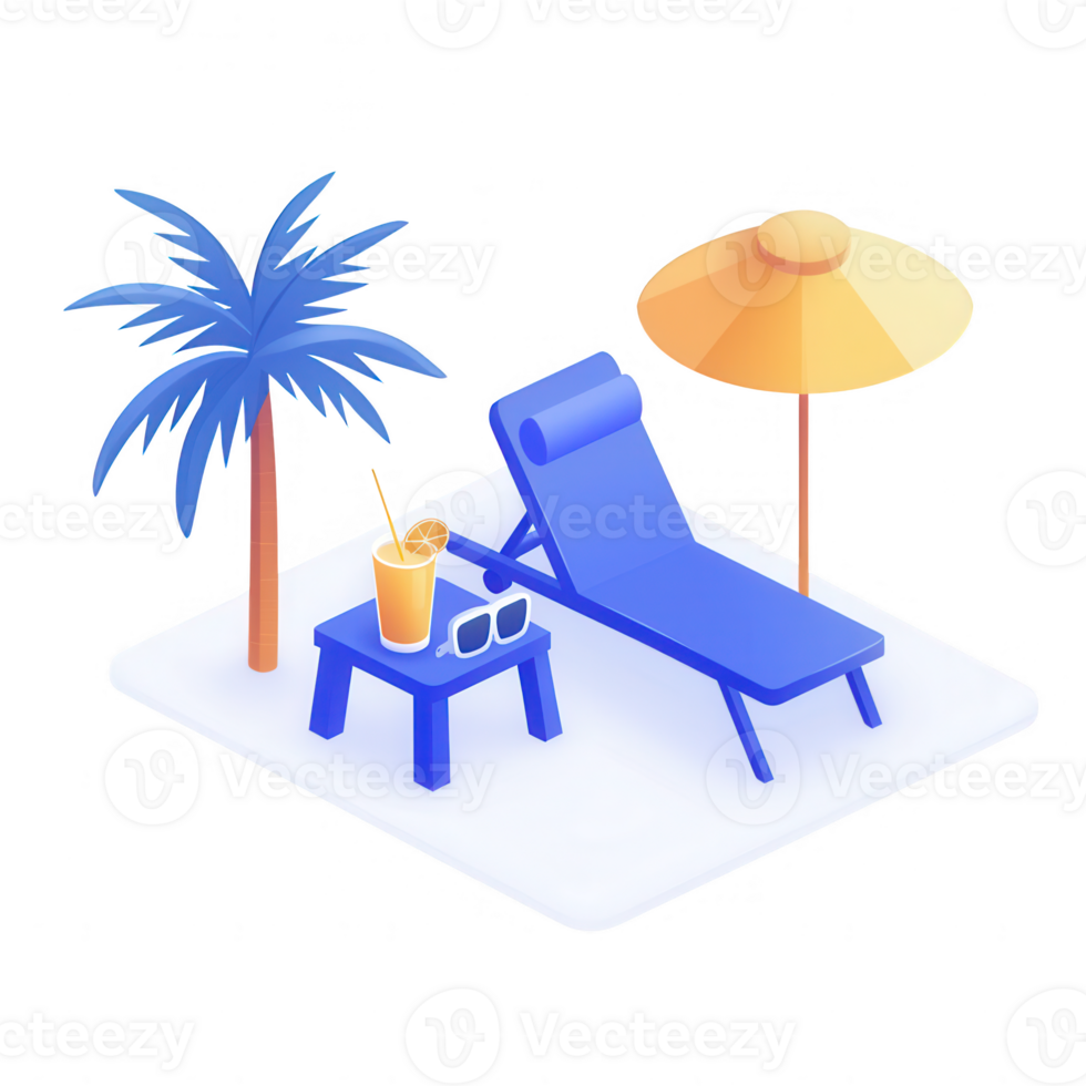 A relaxing beach scene with a chair, umbrella, and refreshing drink. png