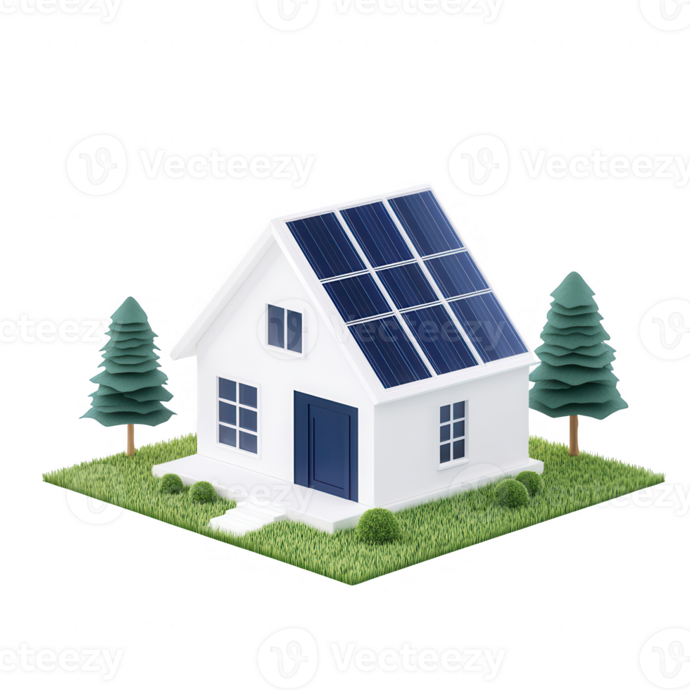 A modern house with solar panels surrounded by trees on a green lawn. png