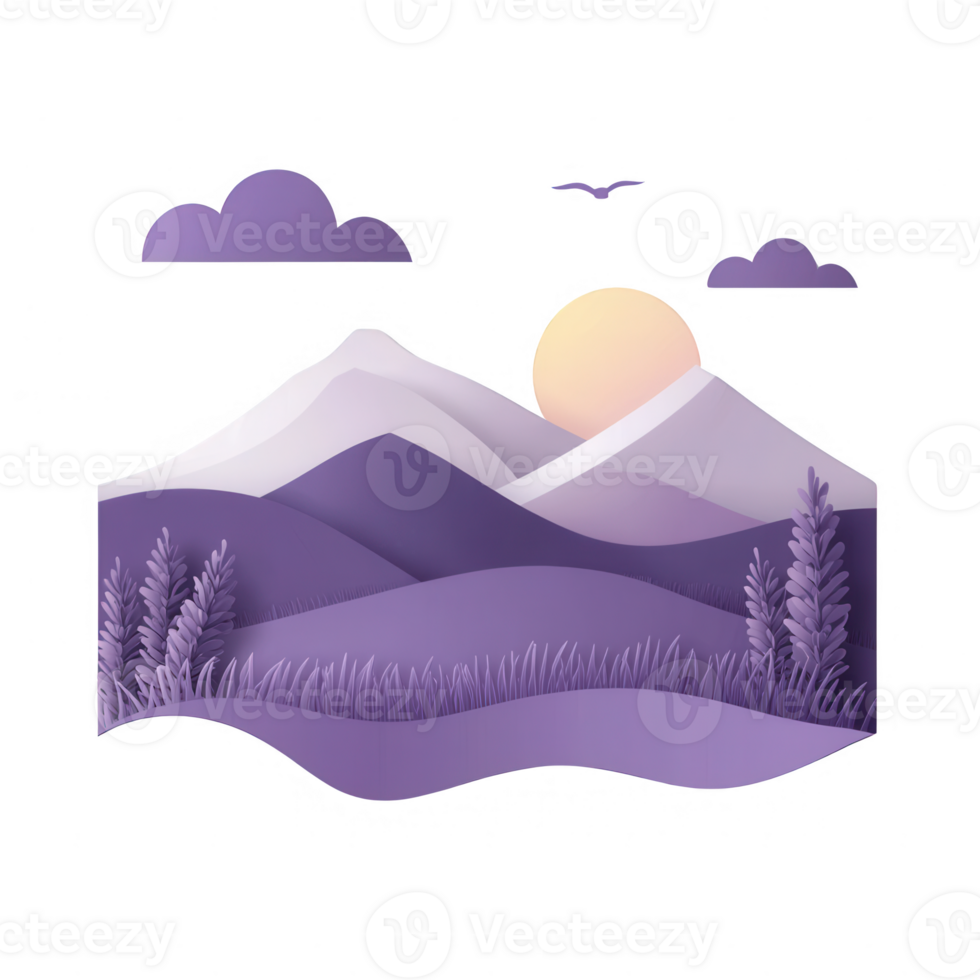 A serene mountain landscape showcasing purple hues at sunset with soft clouds. png