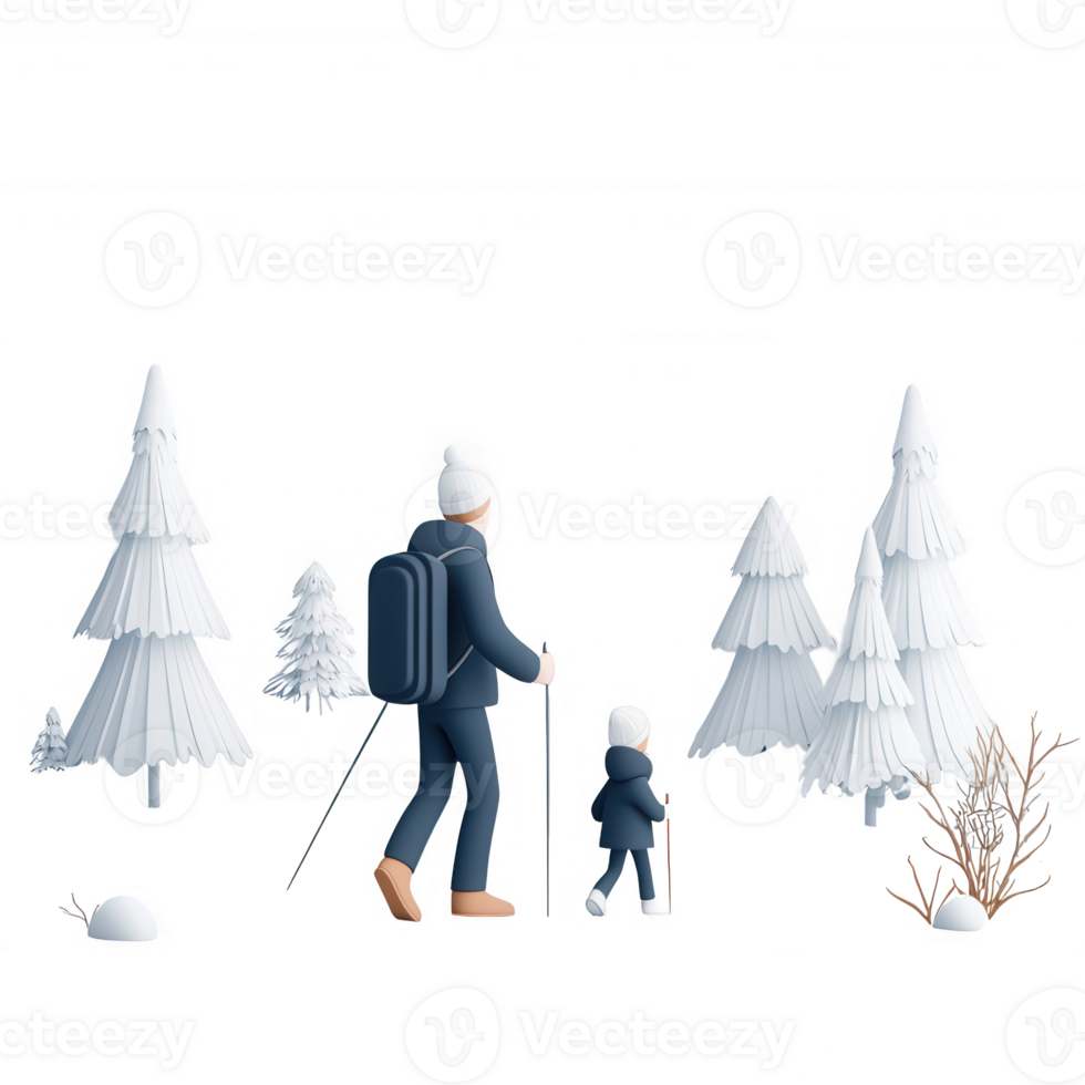 A parent and child hiking through a snowy forest with tall trees. png