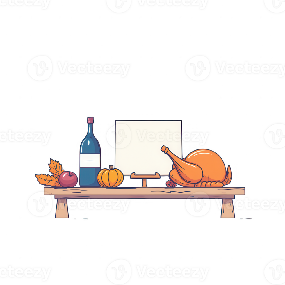 A festive table setting with wine, a roast turkey, and autumn decorations. png
