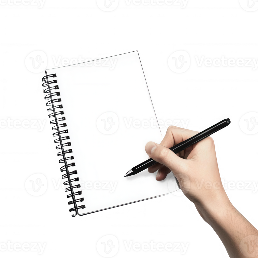 A hand holding a pen above a blank notebook, ready for notes or sketches. png