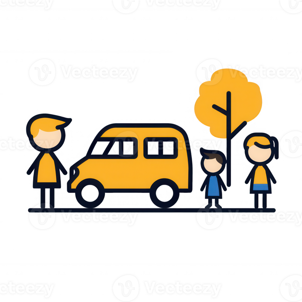 A friendly family prepares for a journey by a cheerful yellow van in a park. png
