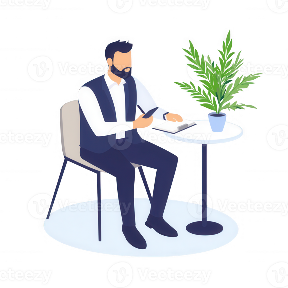 A professional man working on his smartphone while seated at a modern table. png