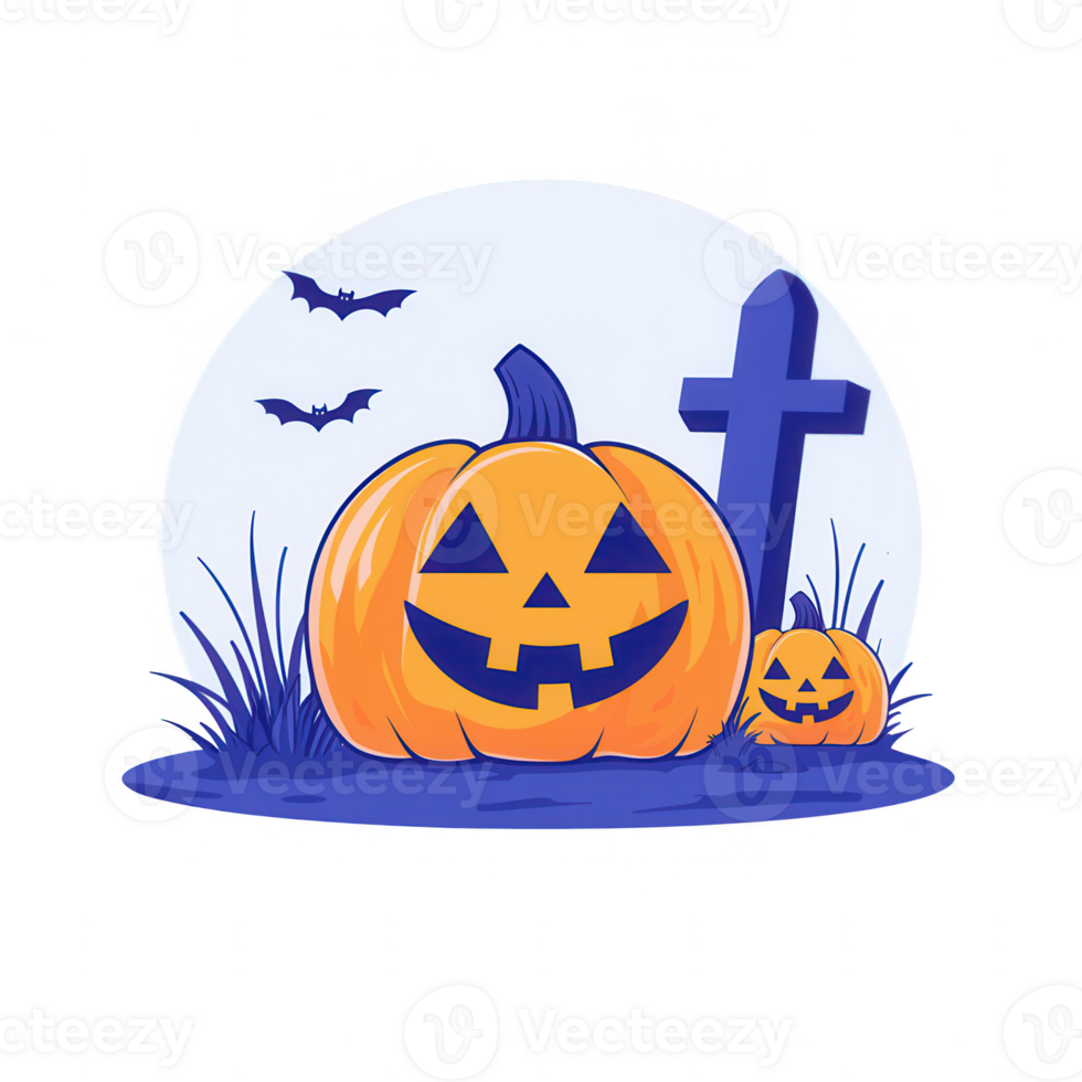 A festive Halloween scene with carved pumpkins and bats in a spooky graveyard. png