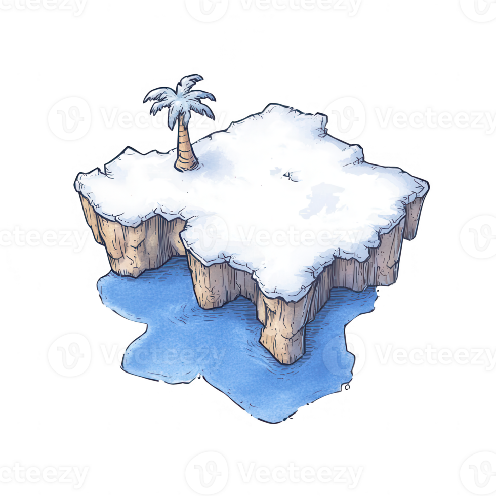 A serene island scene with a lone palm tree, surrounded by icy water and snow. png