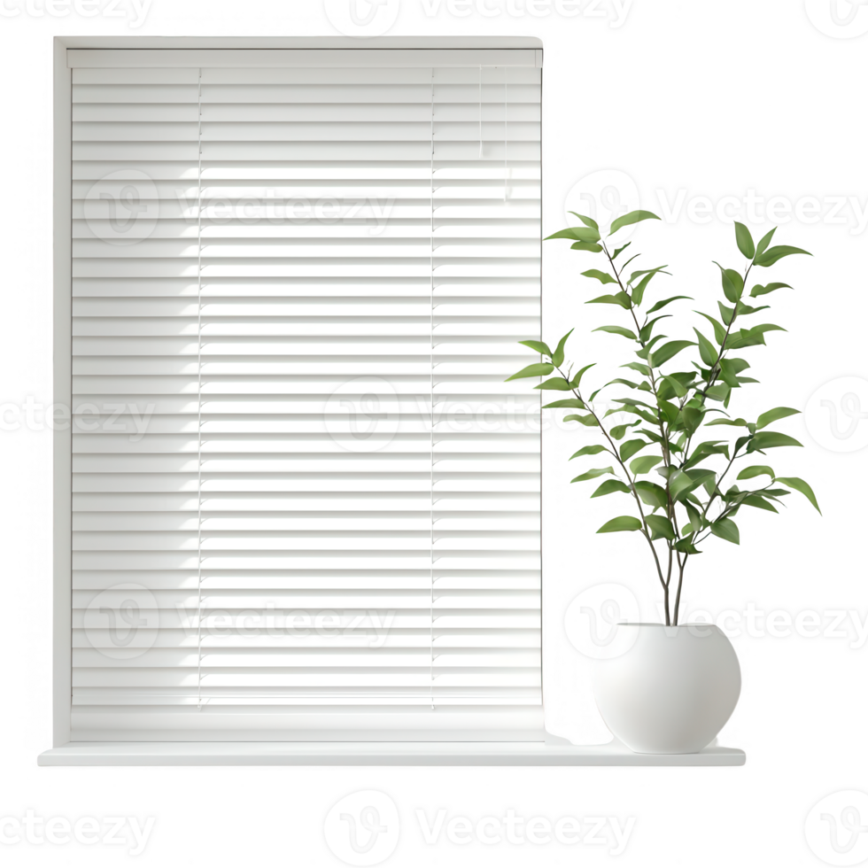A serene indoor scene featuring a plant beside a white window with blinds. png
