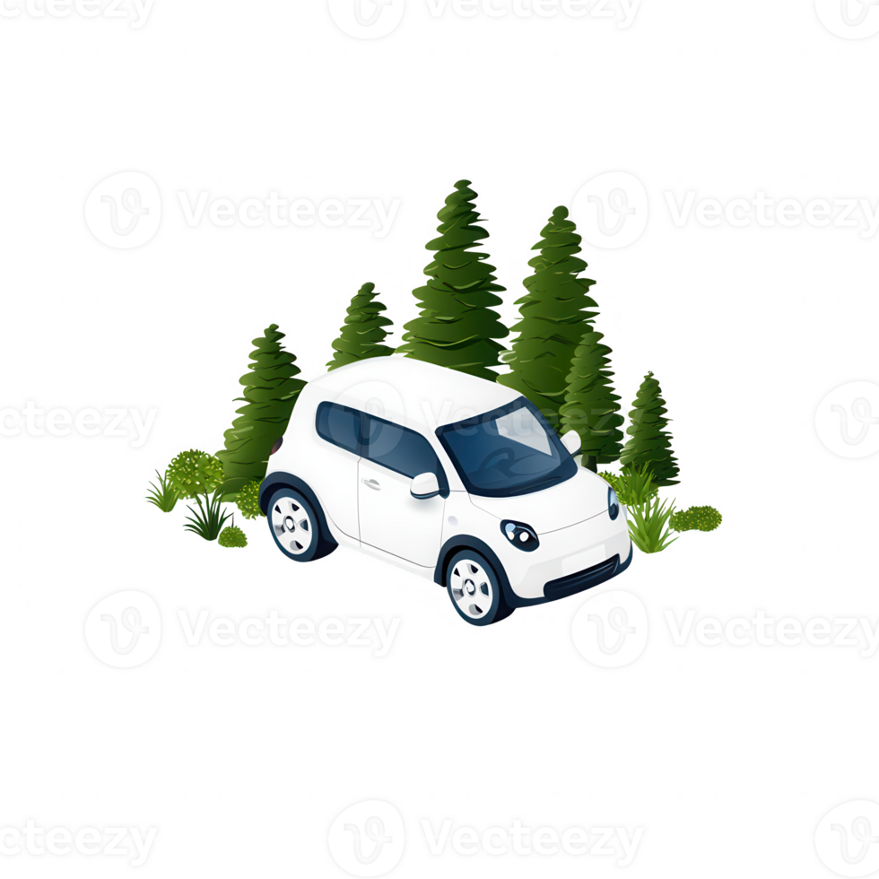A small, eco-friendly car parked among lush green pine trees. png