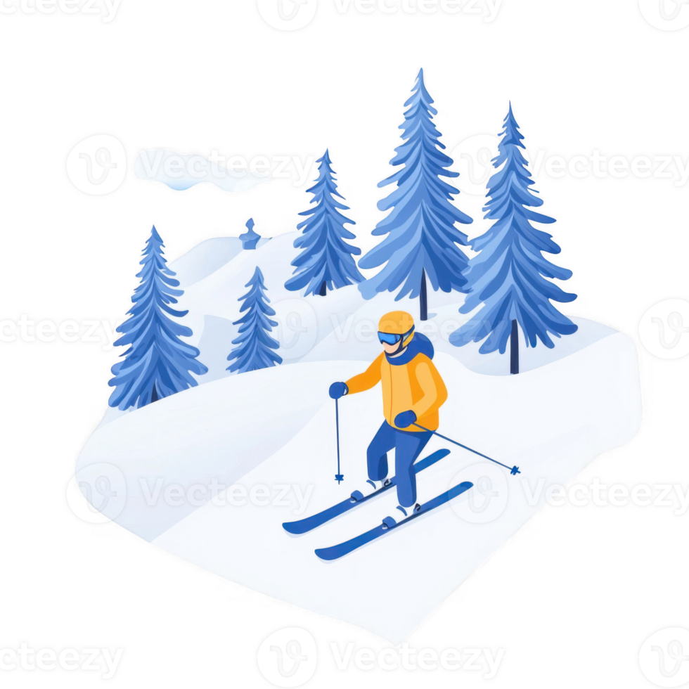 A skier enjoying a snowy mountain landscape surrounded by tall pine trees. png