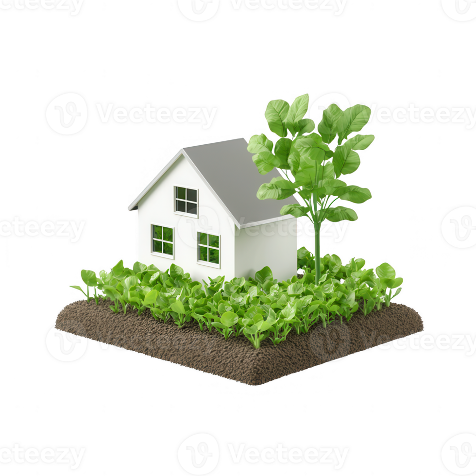 A small house surrounded by vibrant green plants and lush garden, symbolizing growth. png